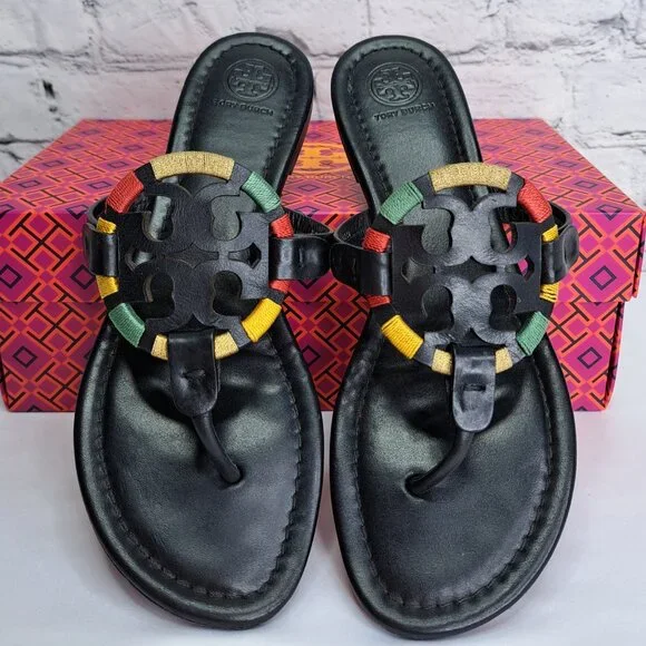 TORY BURCH 'MILLER' LEATHER THONG SANDALS EMBROIDERED W/'TB' BOX - Picture 10 of 16